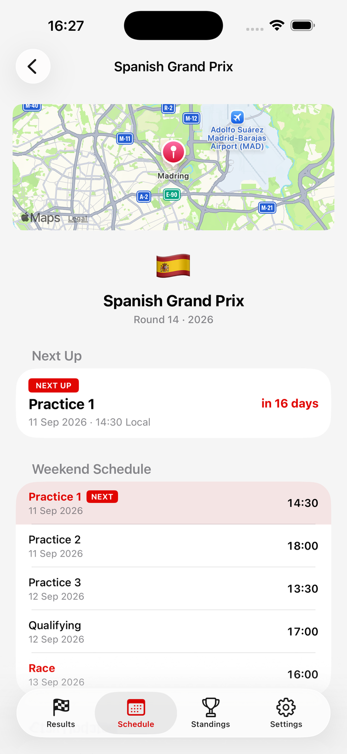 RaceDeck Race Weekend Dashboard showing the circuit map and weekend session schedule.
