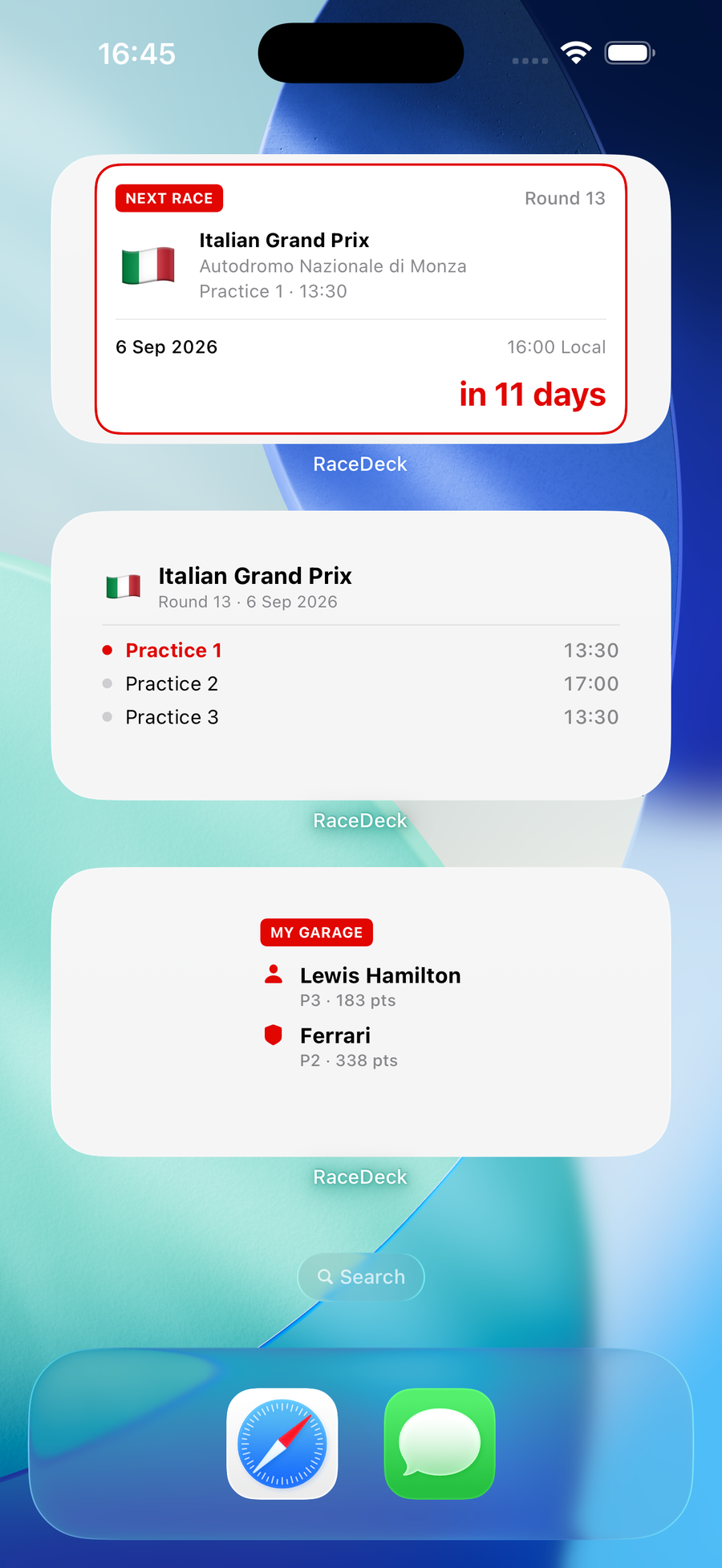 RaceDeck widgets on an iPhone Home Screen, showing the next race countdown, weekend schedule, and favorite driver standing.